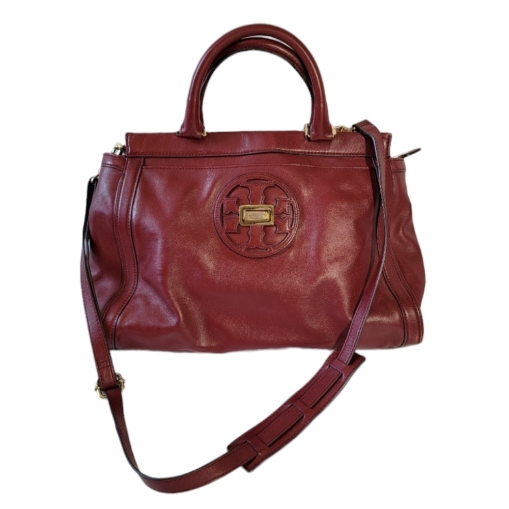 TORY BURCH Women Red Leather Slink Tote Bag Double Handle Sz Large Office Travel